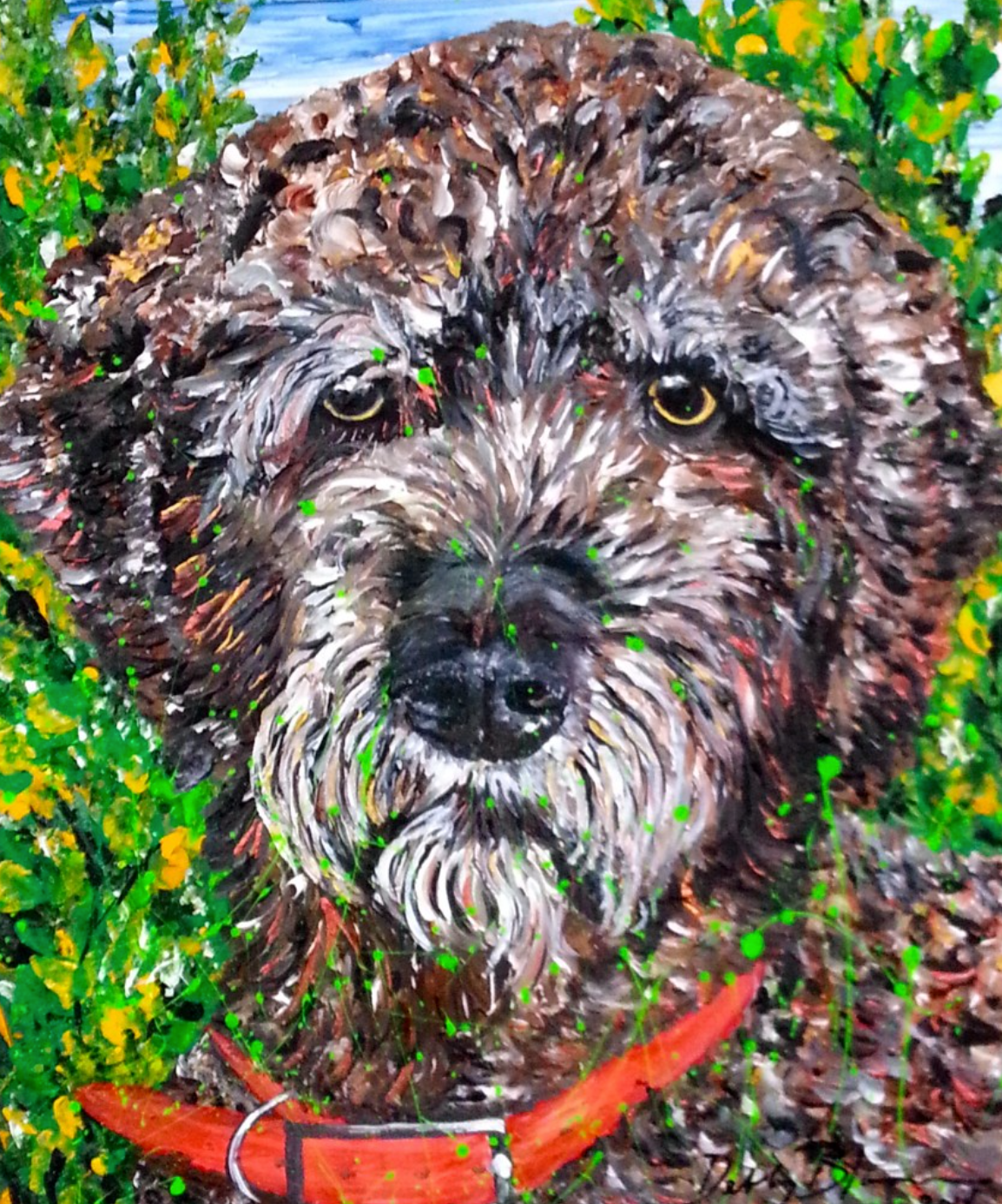 Shaggy dog portrait surrounded by flowers
