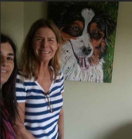Woman posing with dog portrait painting
